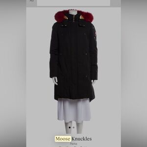 Moose Knuckles Black Coat with Red Fur and Gold Details